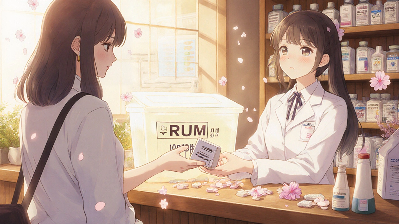 A pharmacist handing expired medication to a customer near a safe disposal bin.