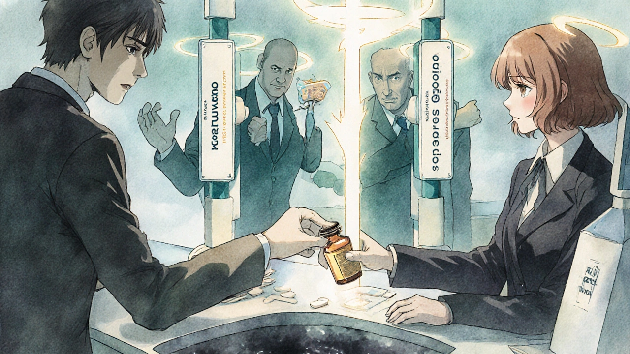 A pharmacist hands a generic pill to a customer while corporate levers push brand drugs into darkness.