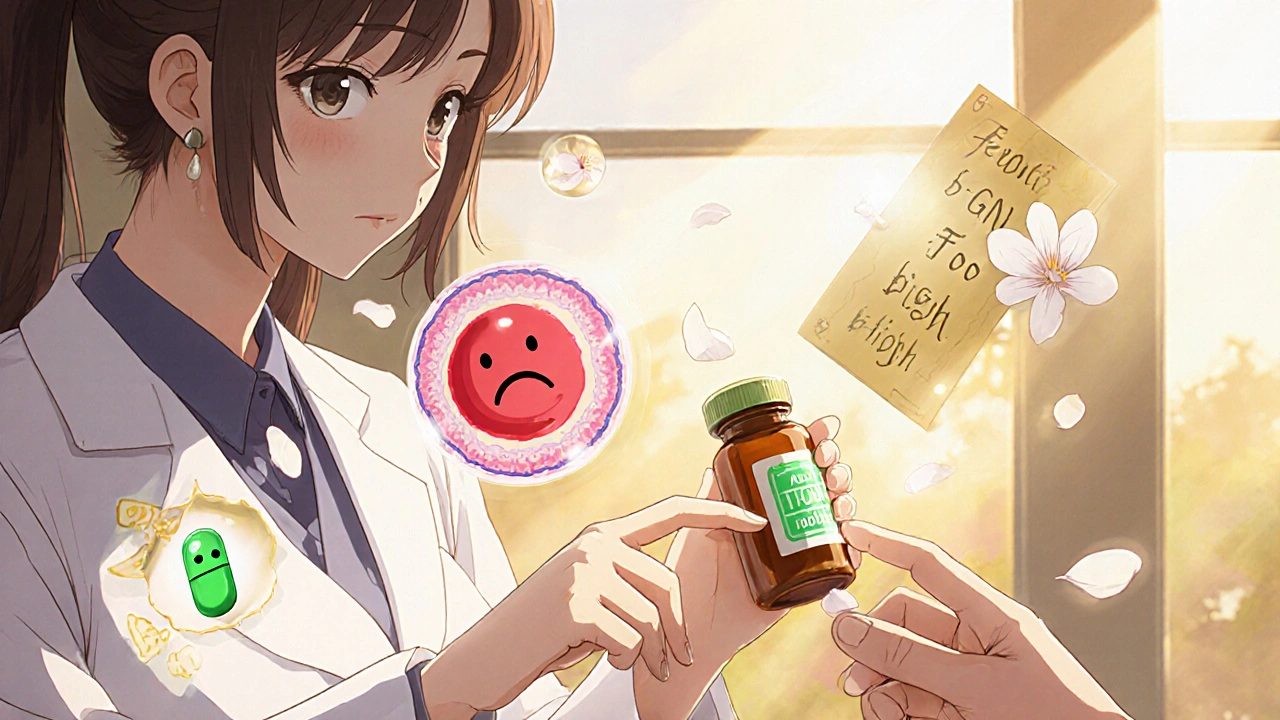 A pharmacist placing a warning sticker on a pill bottle, with floating icons of failing blood cells and a safer alternative glowing nearby.