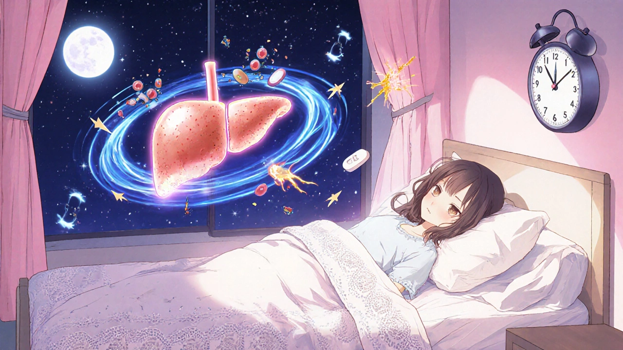 A sleeping patient with a glowing liver showing enzyme activity breaking down warfarin molecules, clock and INR trends above.