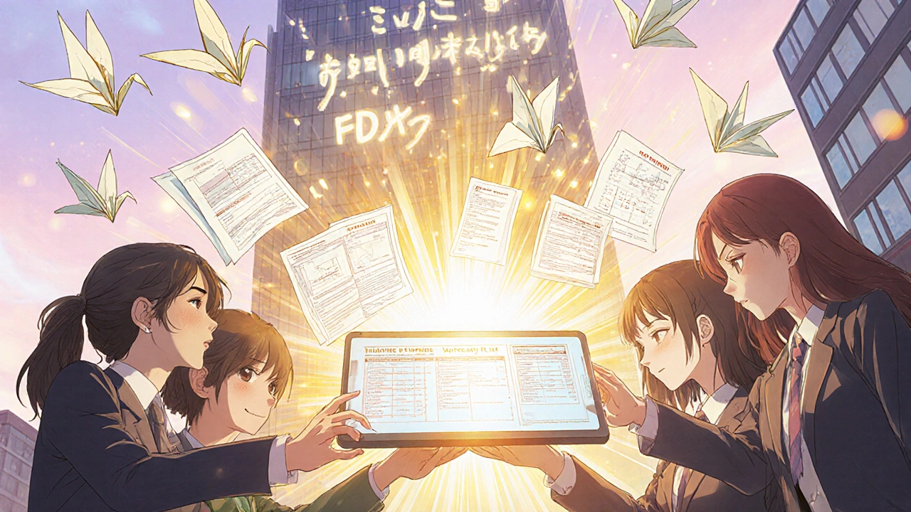 A team of professionals gathers around a glowing tablet as corrective plans bloom like origami cranes in soft sunlight.