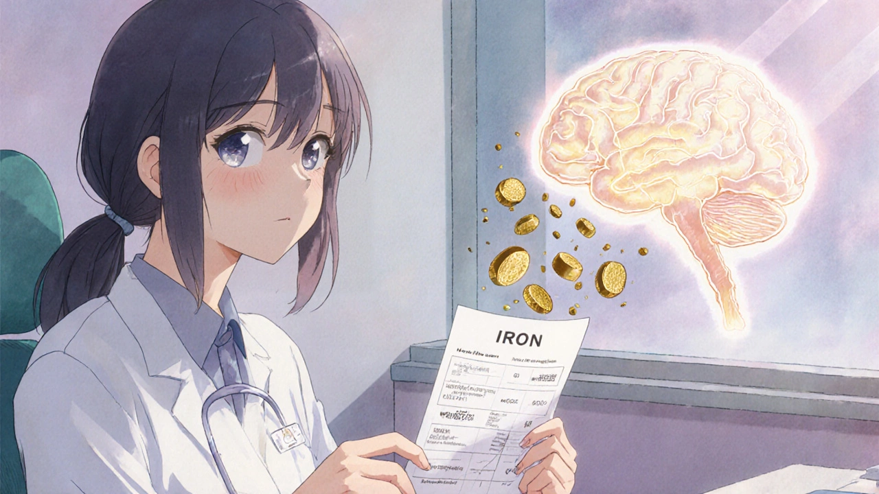 A woman in a doctor&#039;s office holding an iron test result as golden iron particles flow into her brain.