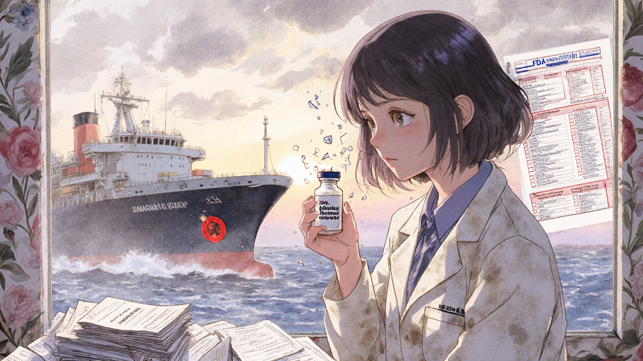 A worker watches a vial shatter as an FDA ship blocks the harbor, petals of legal documents floating in the air.