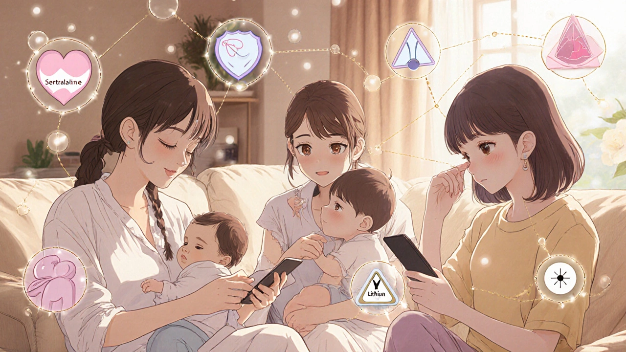 Diverse mothers with floating safety icons for medications, connected by golden threads of science.