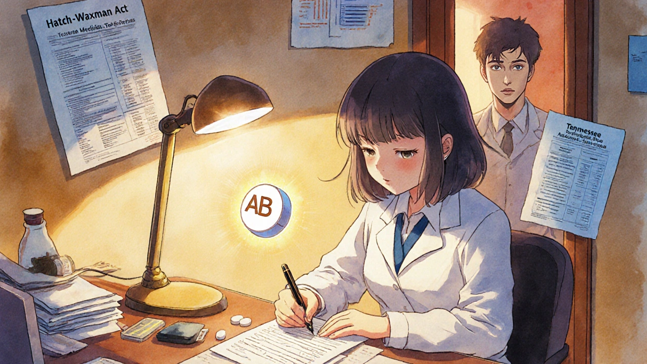 Doctor writing medical documentation with legal documents and a glowing AB rating above a generic pill.