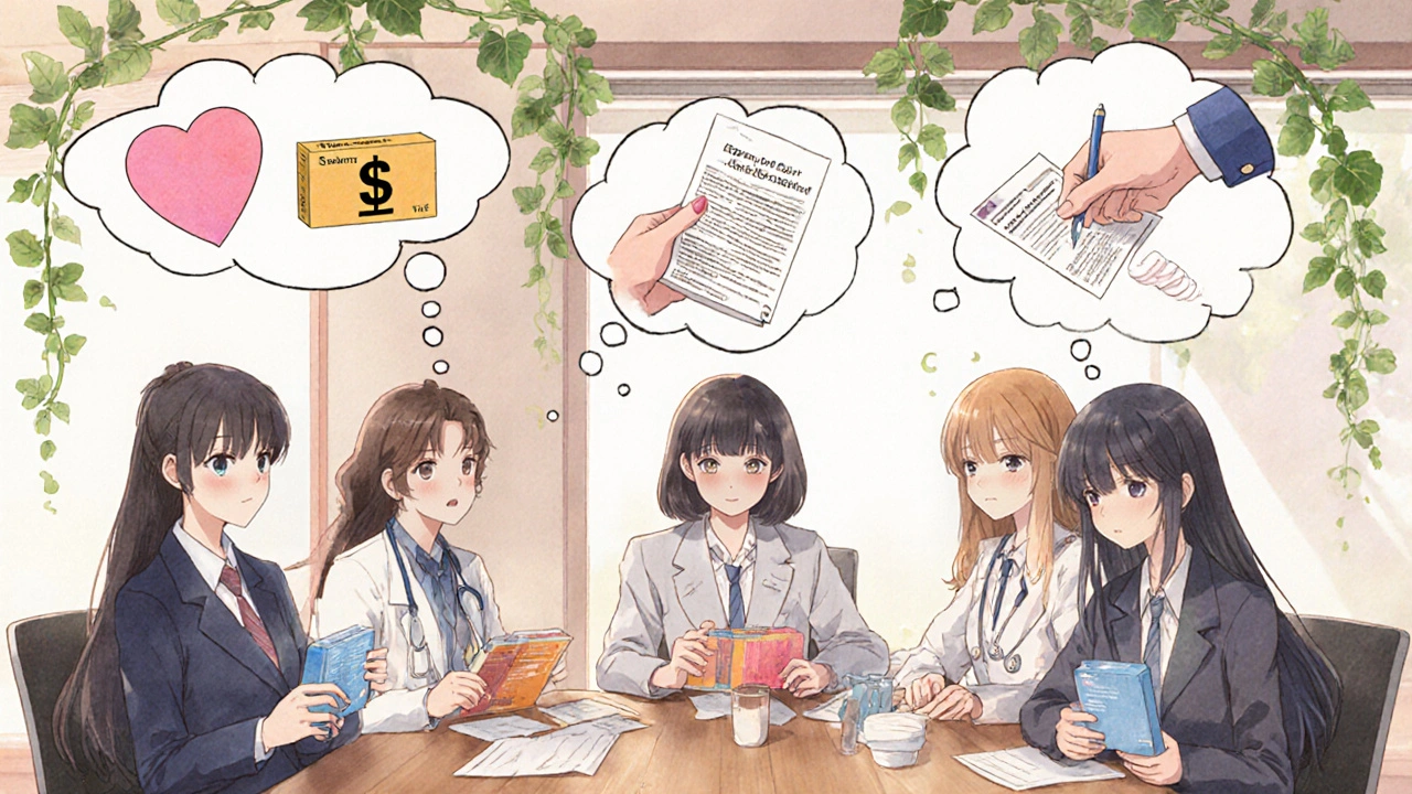 Employees in a breakroom with thought bubbles showing generic pills, doctors, and assistance flyers.