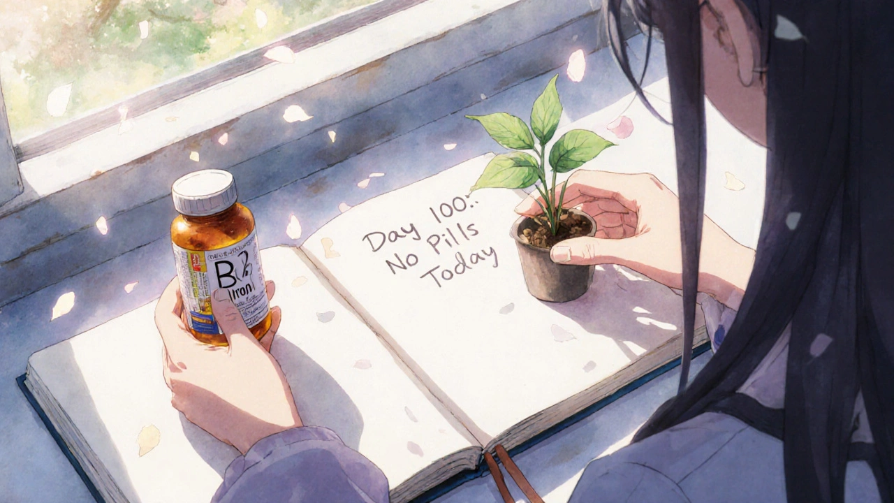 Hands placing a plant beside a journal that reads &#039;Day 100: No Pills Today&#039; with supplements nearby.