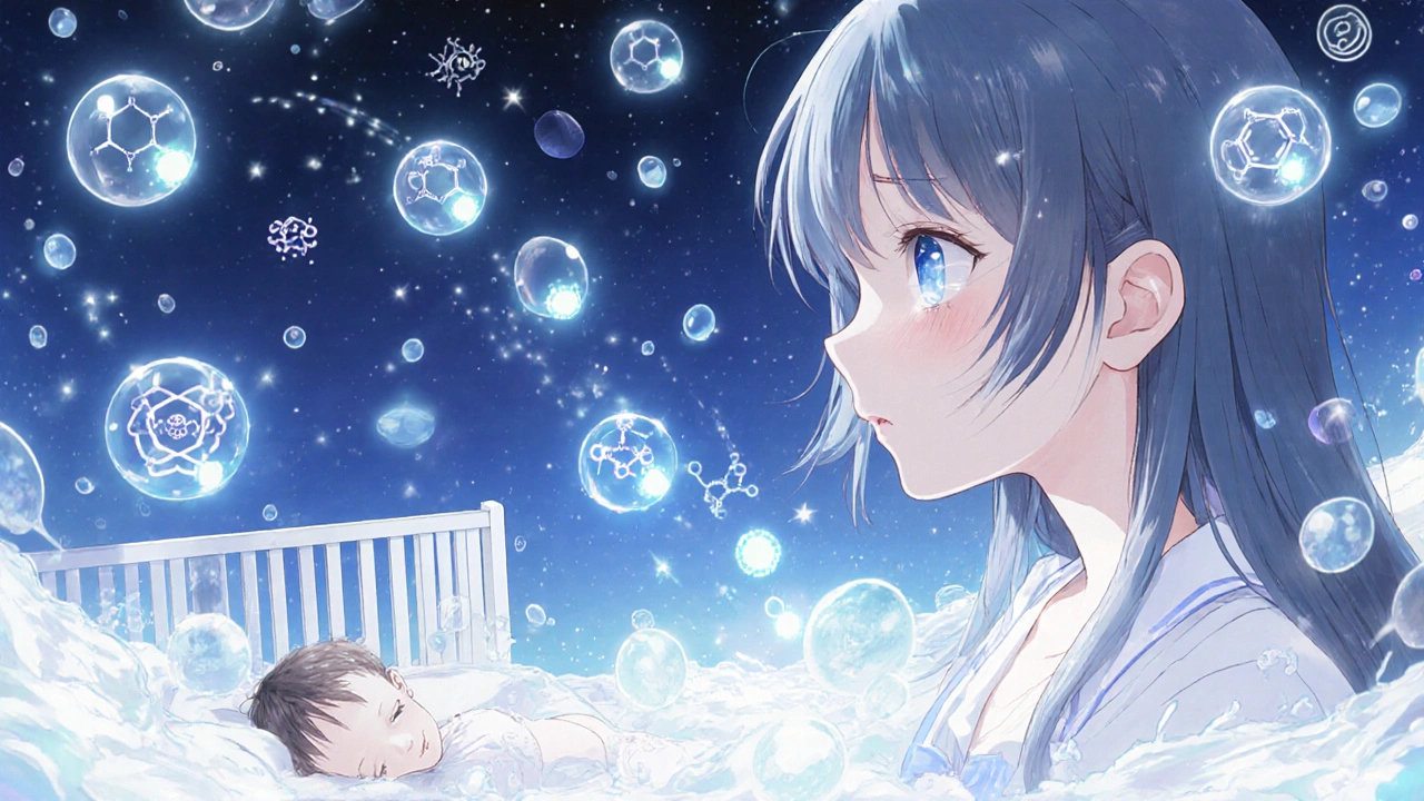 Molecular fireflies drifting from blood to milk through glowing pores, with a sleeping baby nearby.