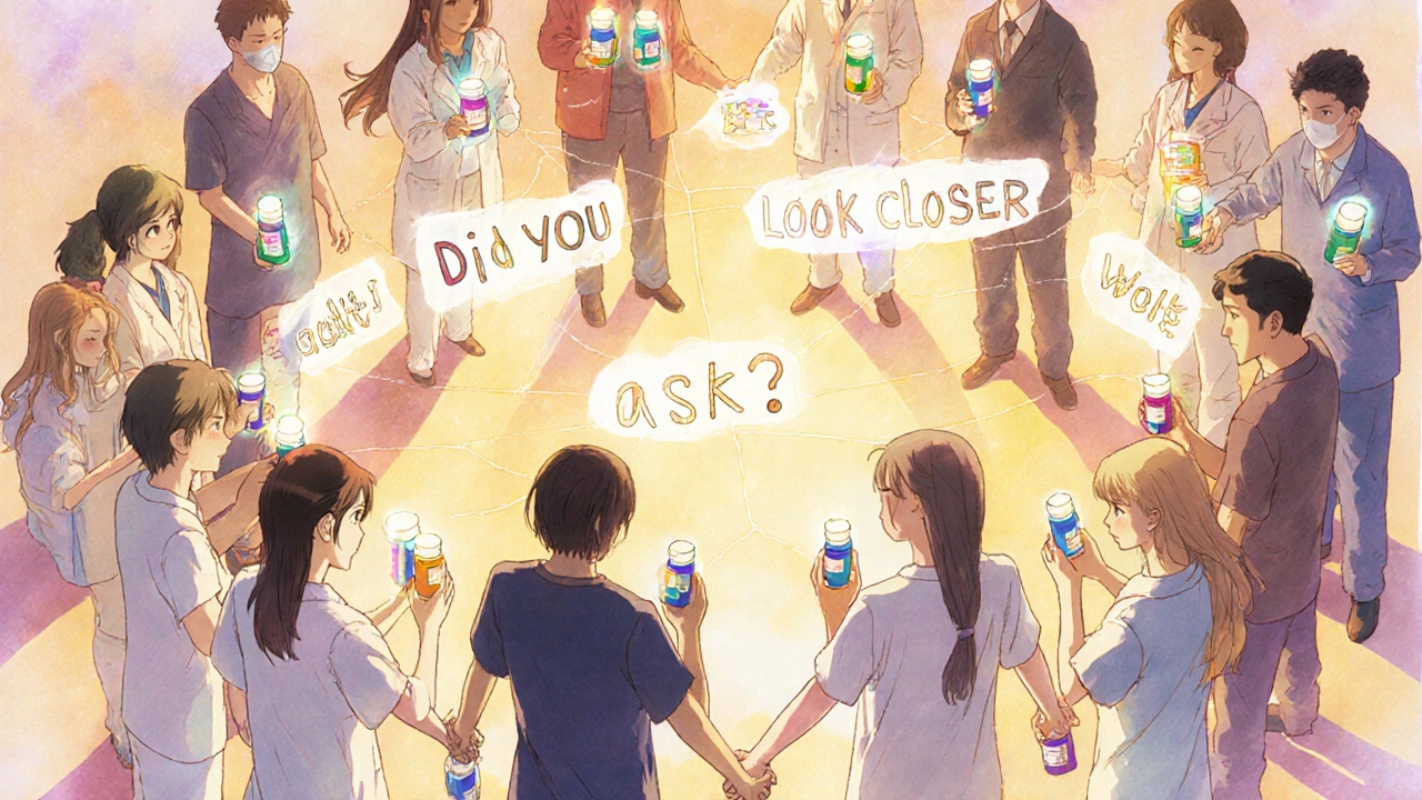 Patients and pharmacists form a circle holding different pill bottles, connected by glowing lines symbolizing communication.