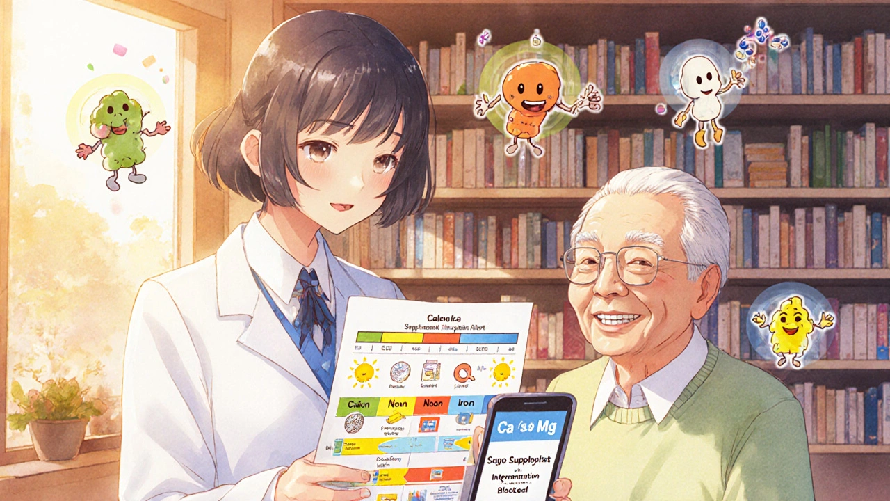 Pharmacist giving a timing chart to elderly patient, colorful timeline with spaced meds and smiling mineral sprites.