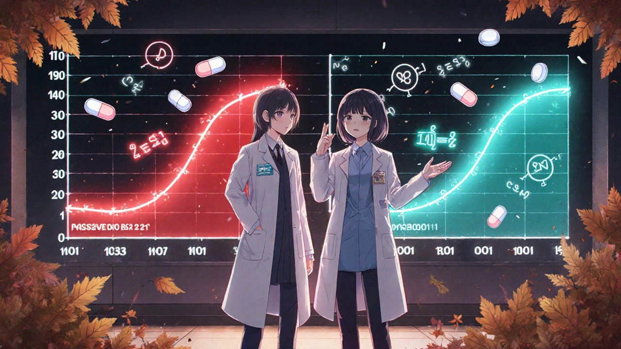 Scientists viewing a holographic opioid absorption comparison with warning and safe curves.