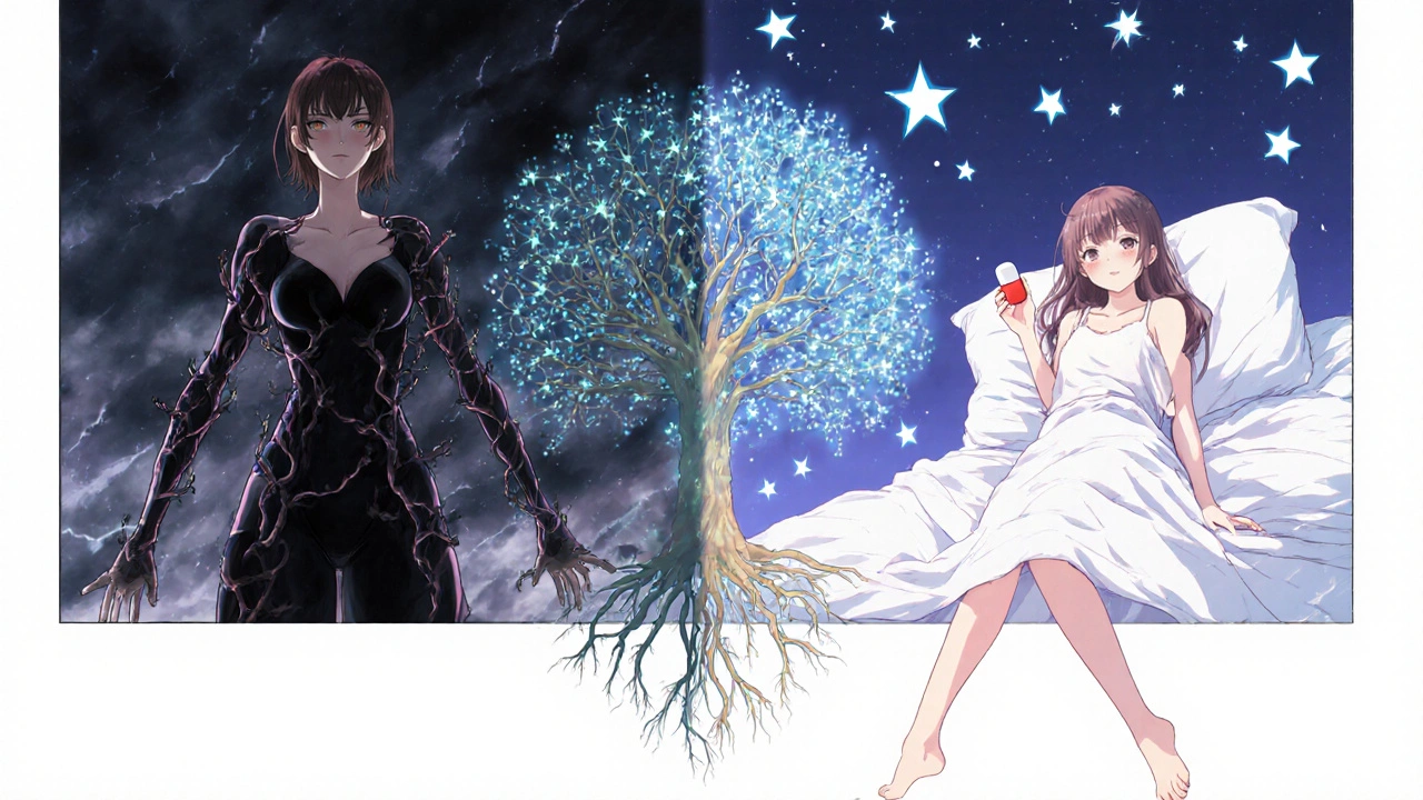 Split image: one side shows worsening symptoms with dark vines, the other shows peaceful sleep with stars and calm.