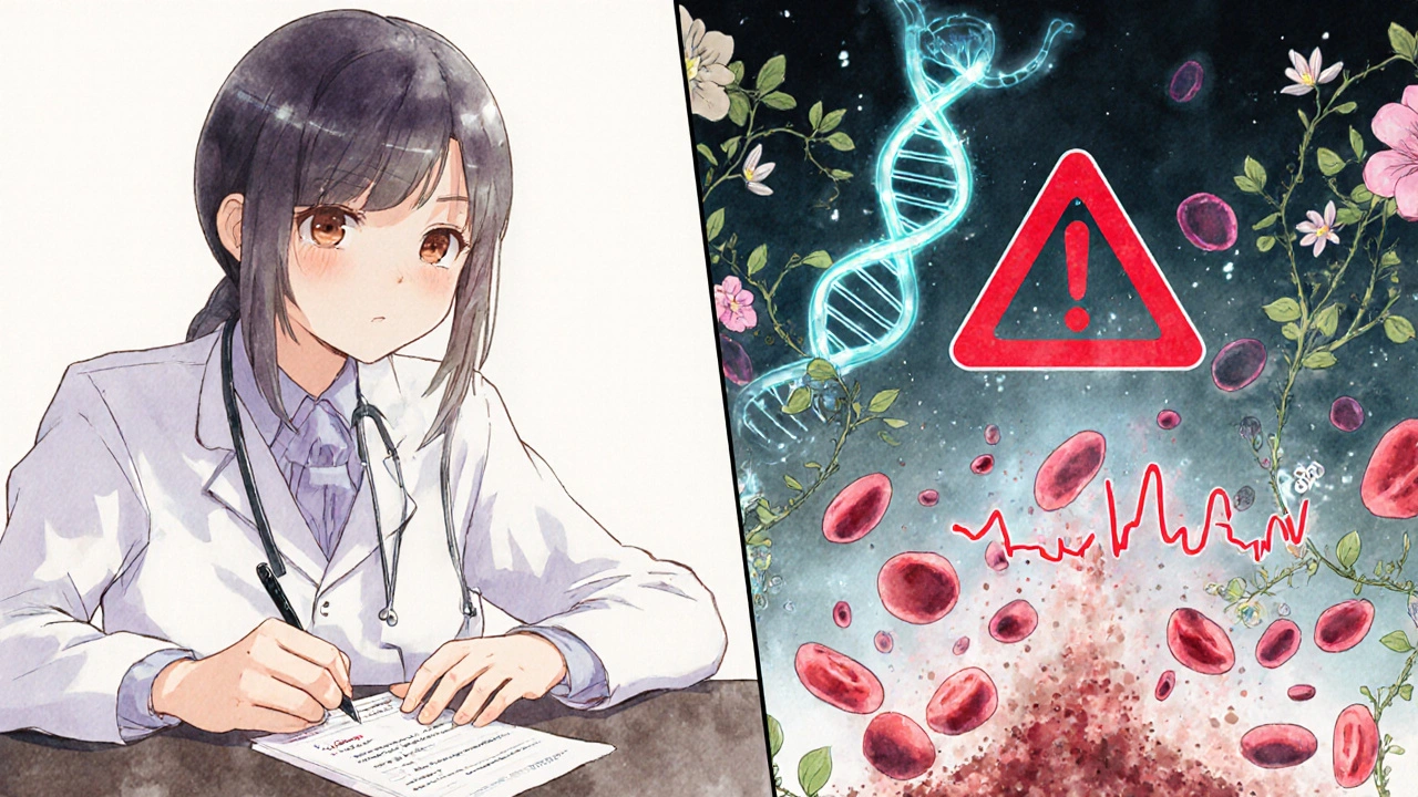 Split scene: a doctor prescribing allopurinol while blood cells crumble into dust behind a glowing warning symbol.