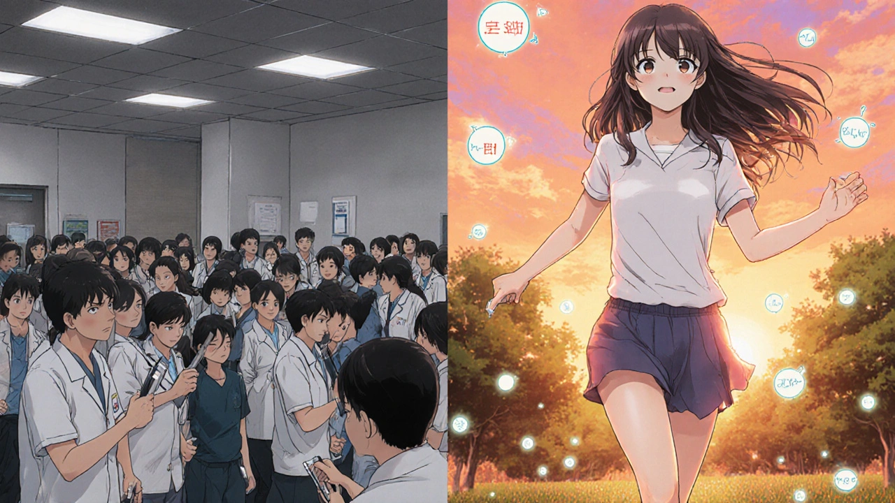 Split scene: left shows tired patients with insulin pens, right shows the same person jogging happily as glowing molecules float around her.