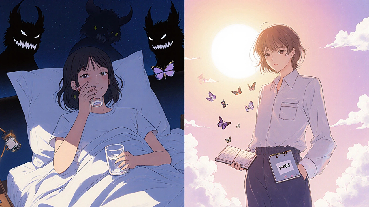 Split scene: person taking clomipramine at night vs. same person walking at sunrise with journal.