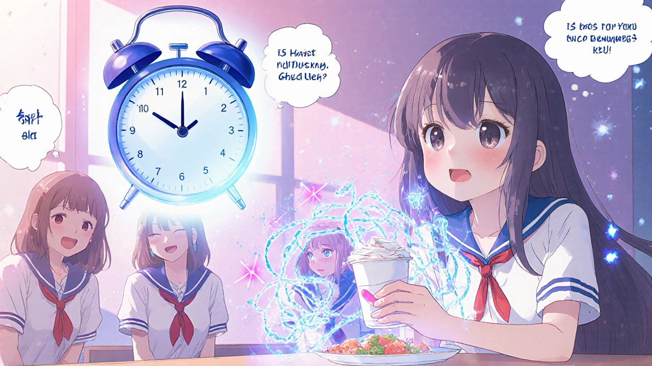 Teenager at lunch with antibiotic and yogurt, ghostly mineral chains blocking the pill, clock counting down.