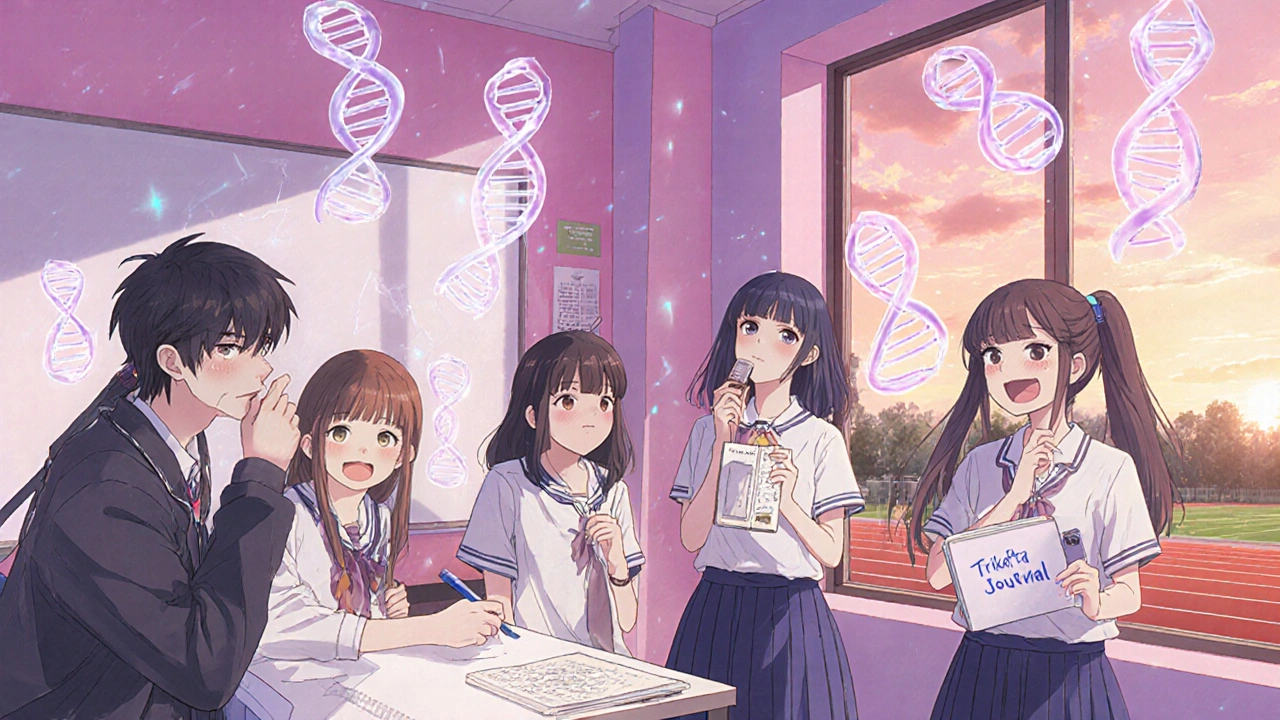 Teenagers with CF laugh together in a care center, surrounded by DNA helixes and a running track outside.