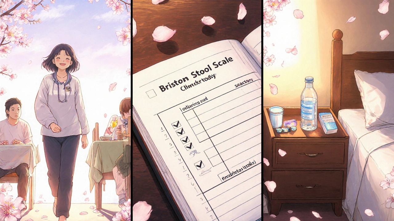 Three scenes showing walking, stool tracking, and suppository storage, with cherry blossoms representing daily care.