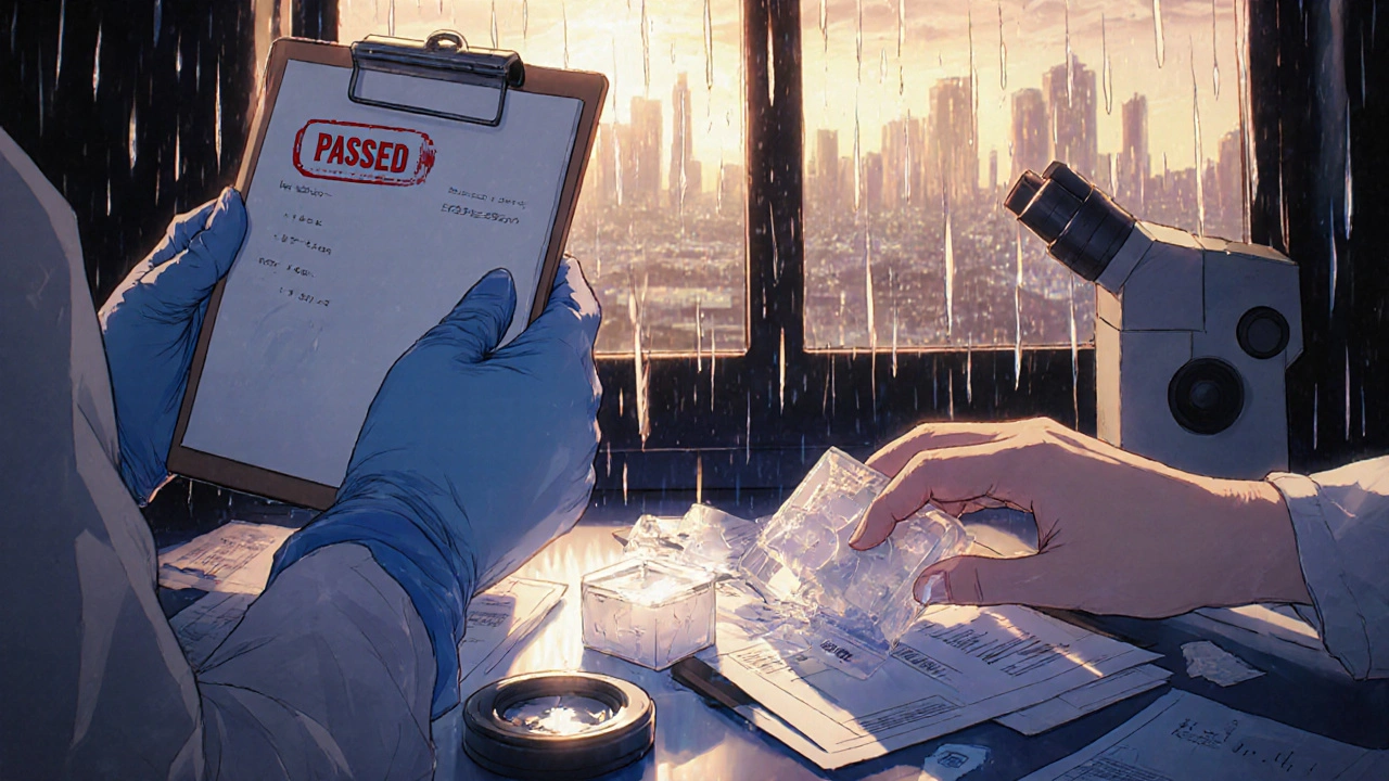 Two hands exchange industrial plastic for medical-grade silicone amid scattered falsified reports.