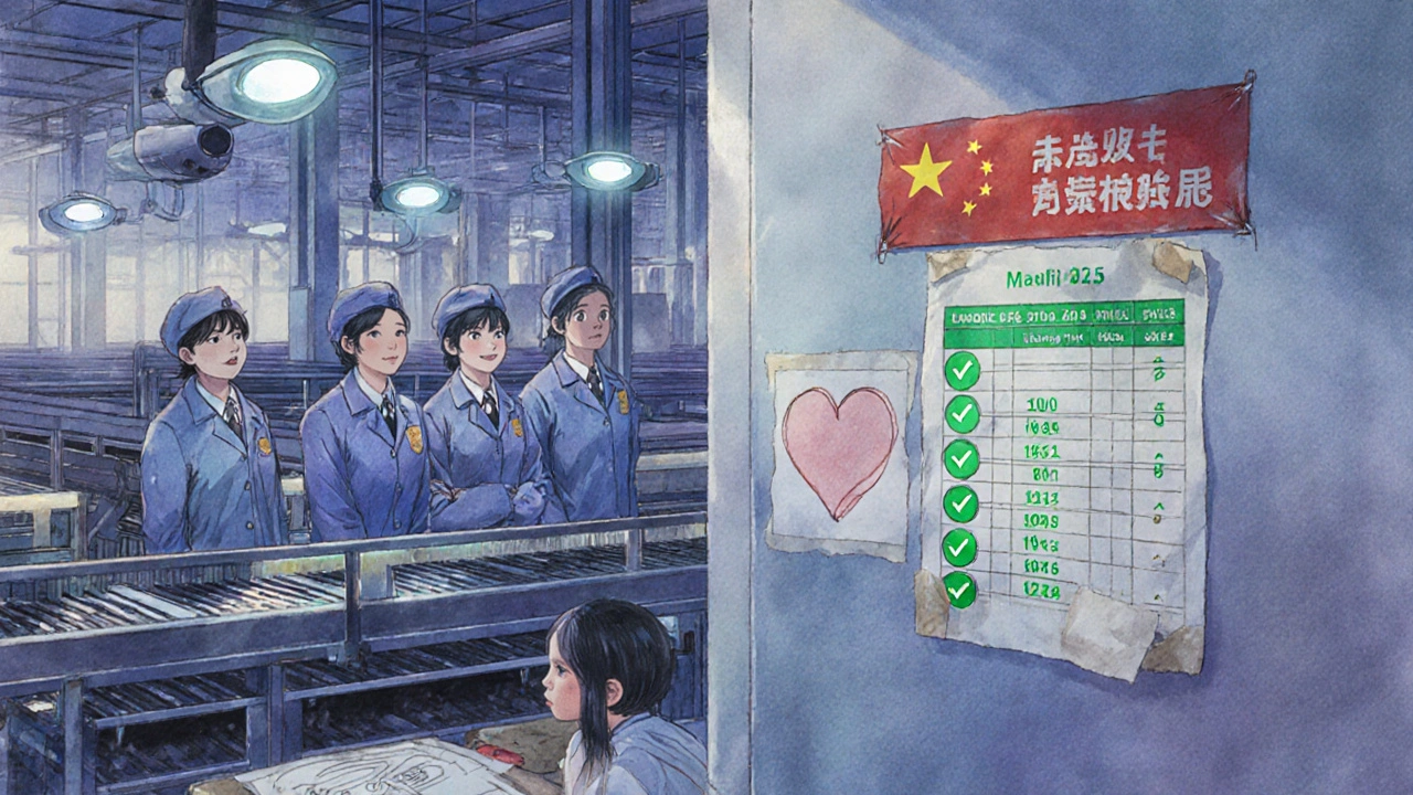 Workers watch AI cameras and a glowing blockchain ledger in a modern factory with a child&#039;s drawing on the wall.