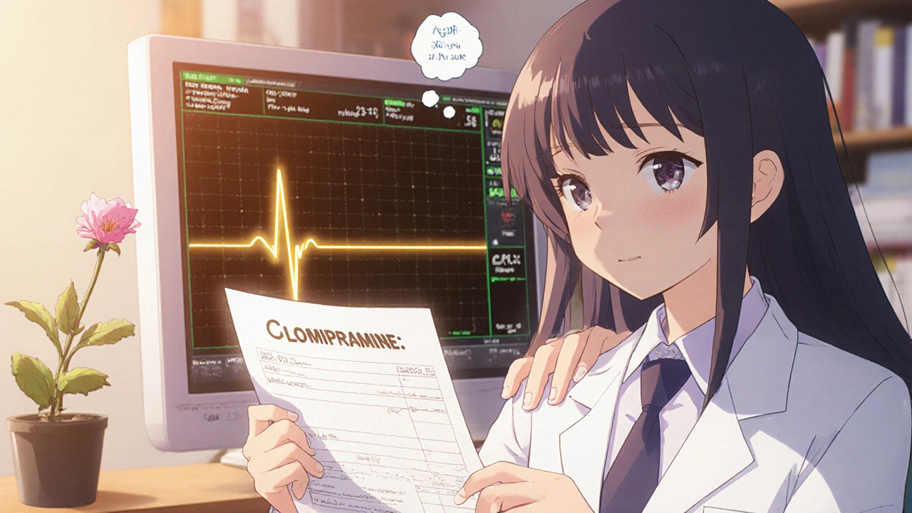 Young patient and doctor in clinic, blood test results glowing, ECG monitor behind them.