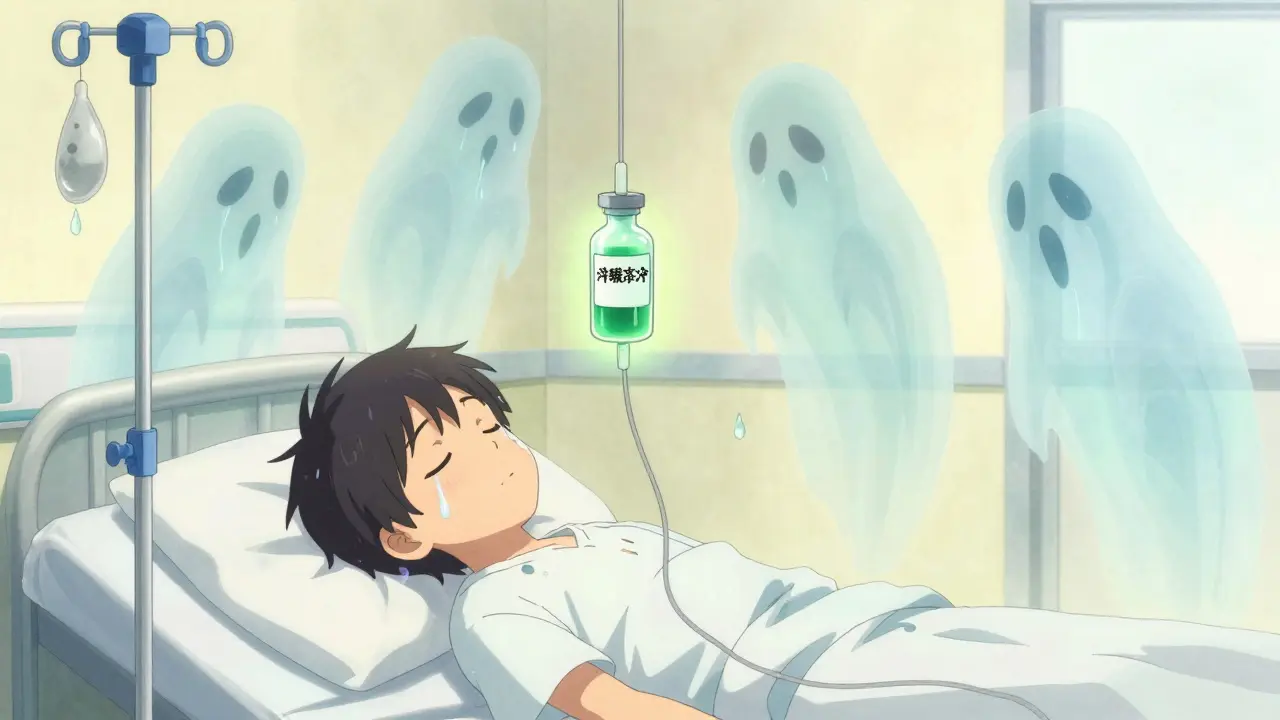 A child in a hospital bed is connected to a toxic green IV, with ghostly chemical spirits floating nearby.