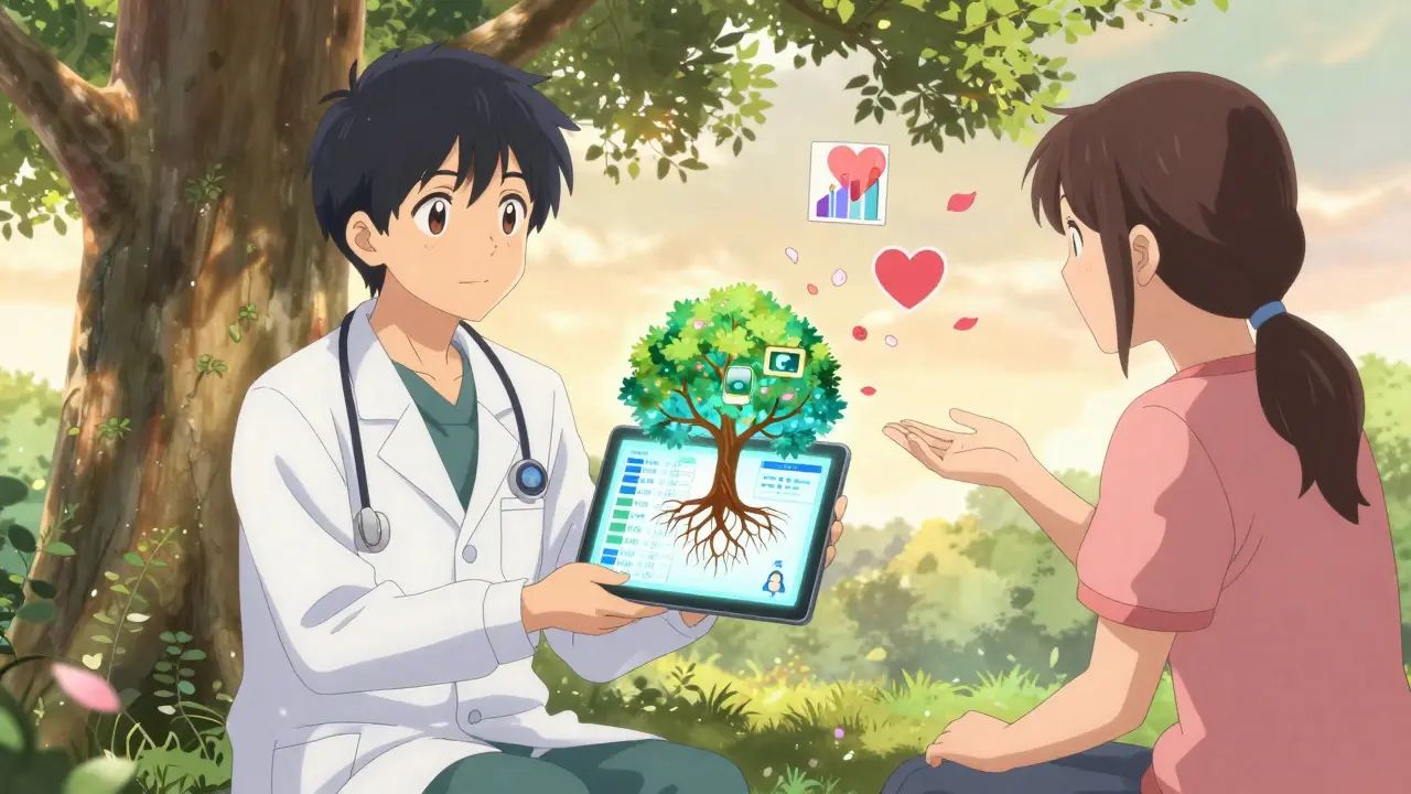 A doctor and patient share a glowing tablet showing clinical and real-world health data as petals fall around them under a tree.
