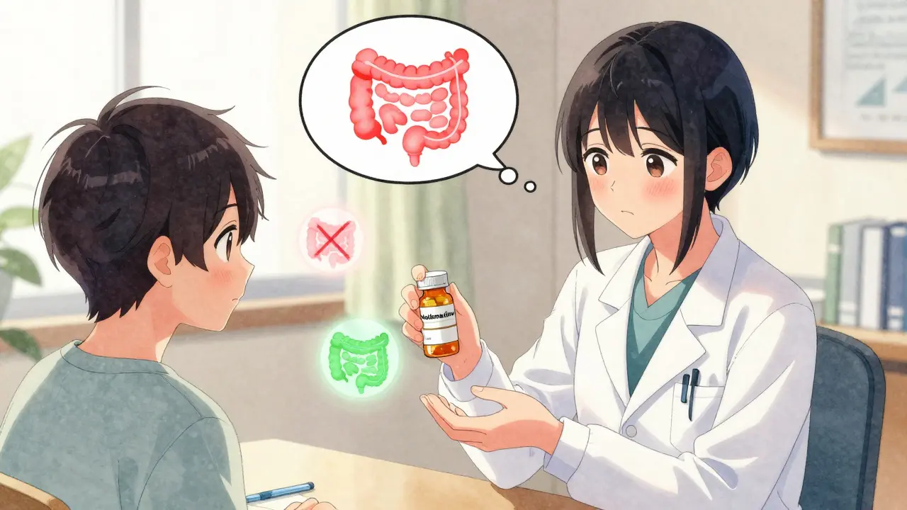 A doctor gives a patient a pill for opioid constipation, with glowing gut receptors turning from red to green in a warm clinic setting.