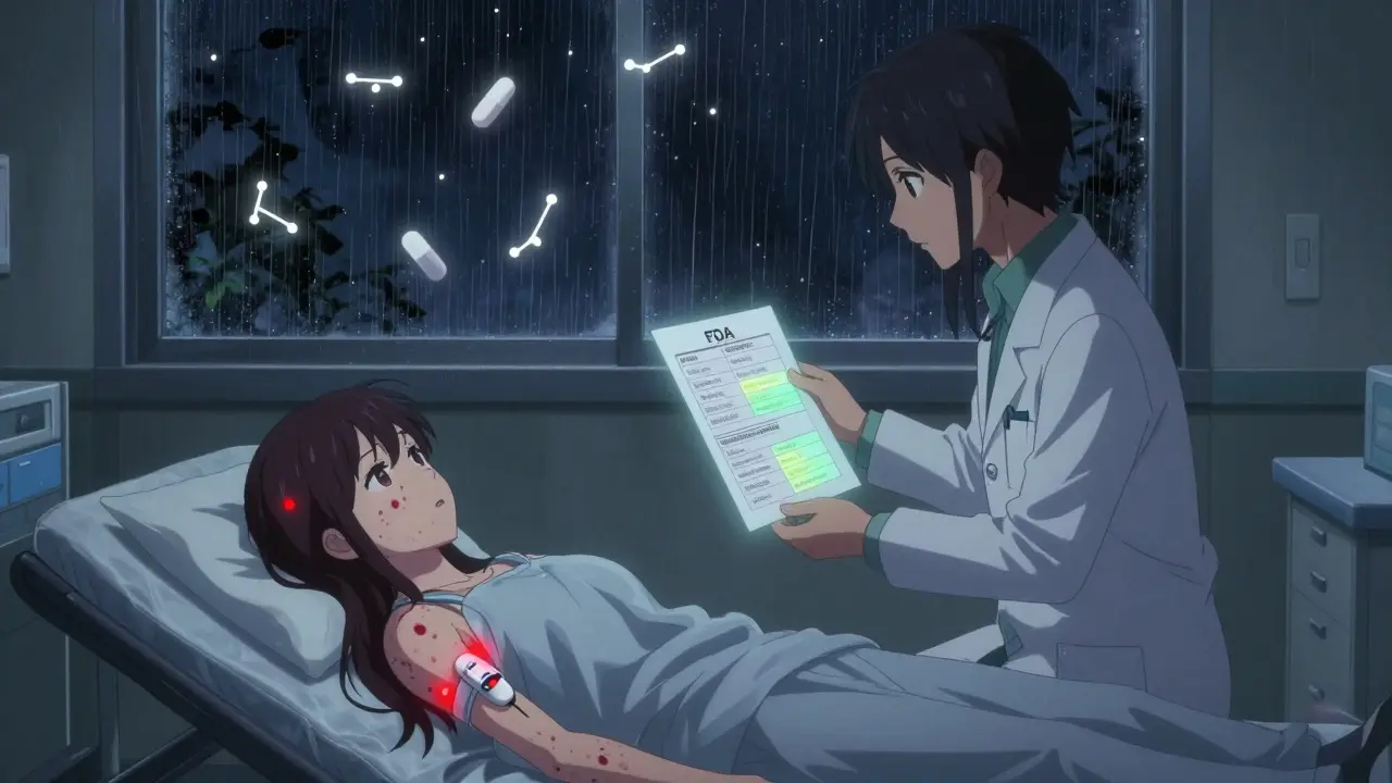 A girl in an emergency room has an epinephrine injector in her arm as glowing allergen symbols surround her.