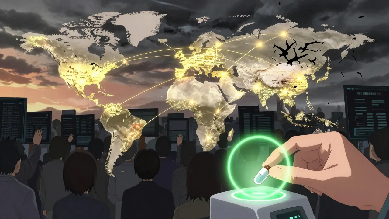 A glowing blockchain protects real medicine as counterfeit pills spread in shadows across a global map.