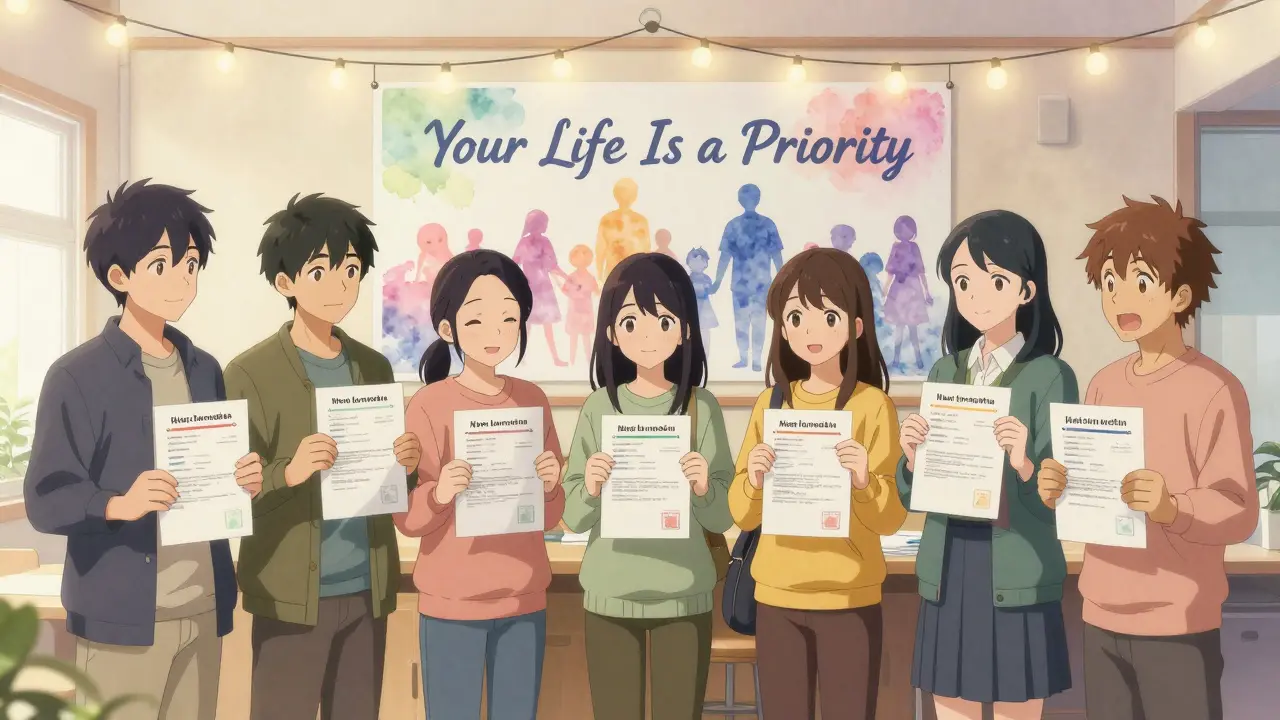 A group of people hold naloxone kits and safety plans together in a warmly lit community space.