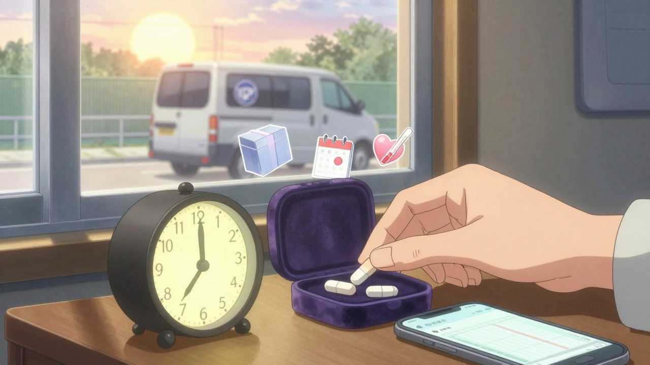 A hand places three backup pills in a velvet case beside a glowing alarm clock, with a delivery van and temperature report visible outside.