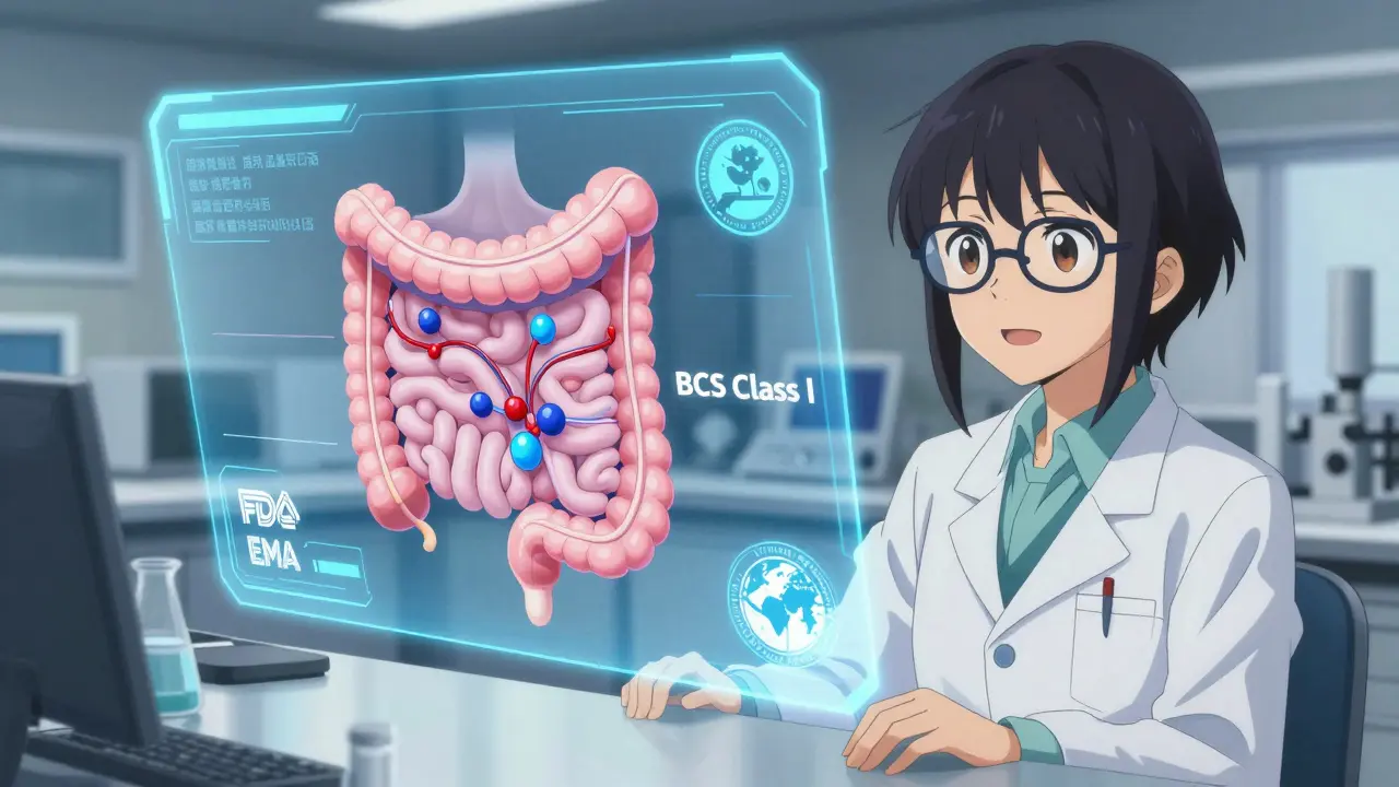 A holographic digestive tract showing drug dissolution with FDA and EMA seals nearby.