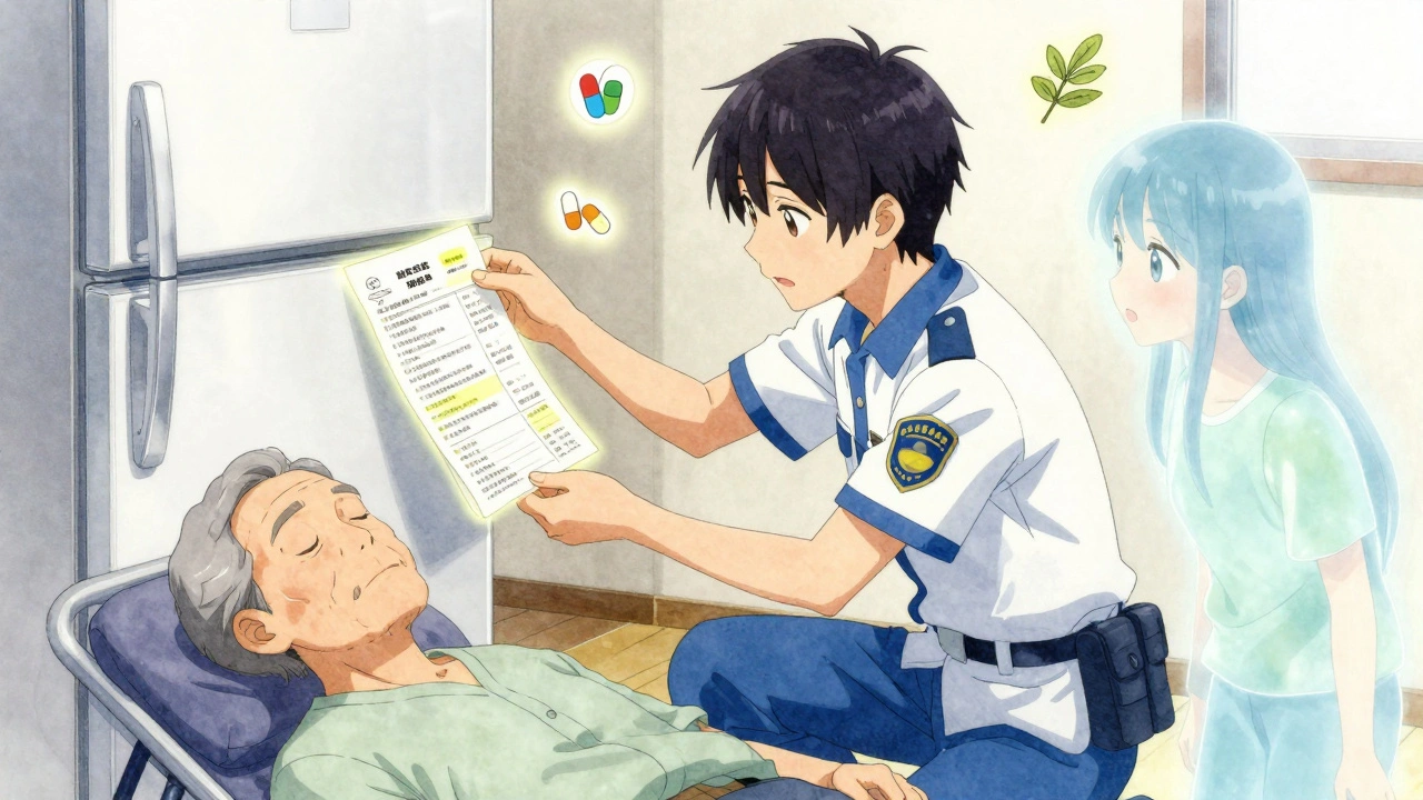 A paramedic holds up a medication list from the fridge as an elderly patient is tended to.