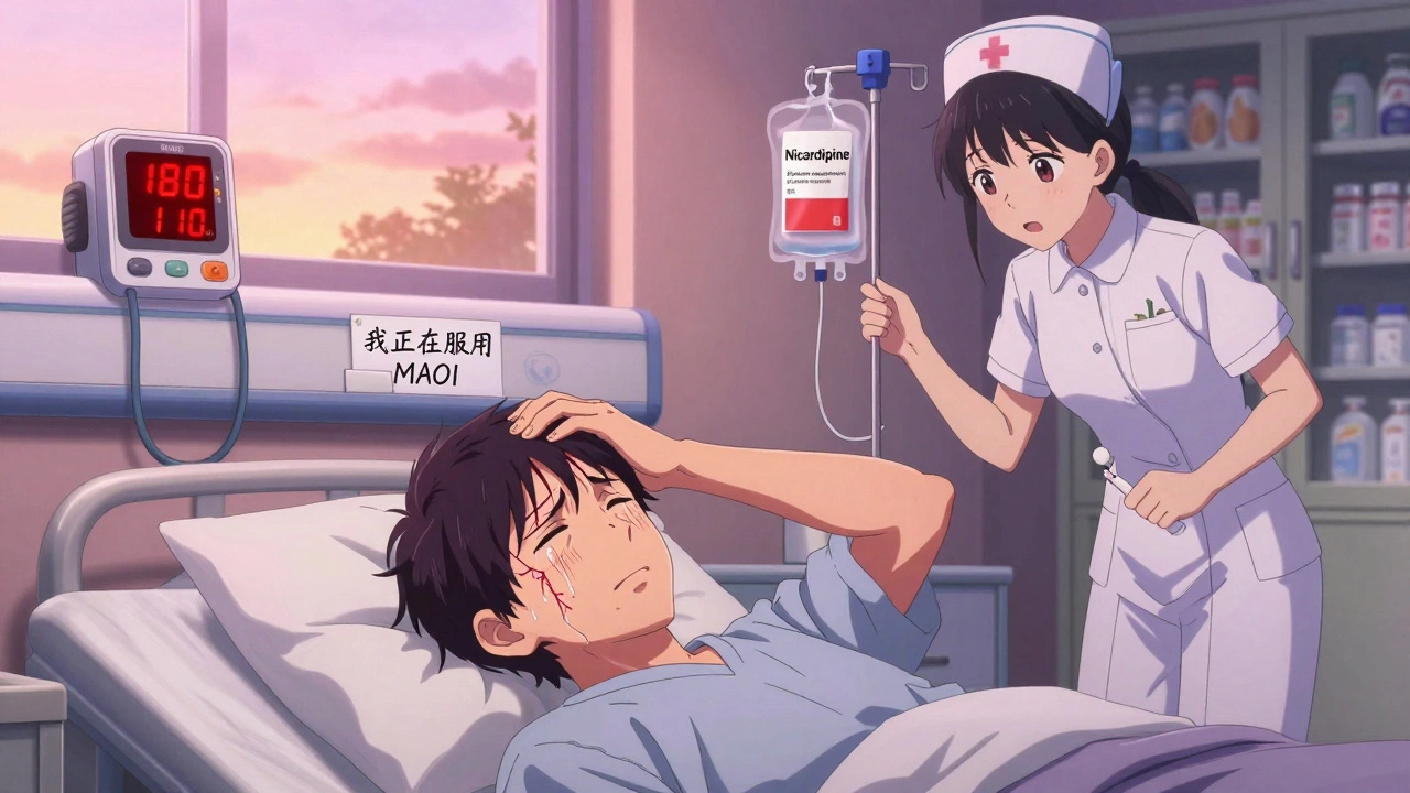 A patient in a hospital clutches their head as a blood pressure monitor flashes red, nurse rushes in with IV medication.
