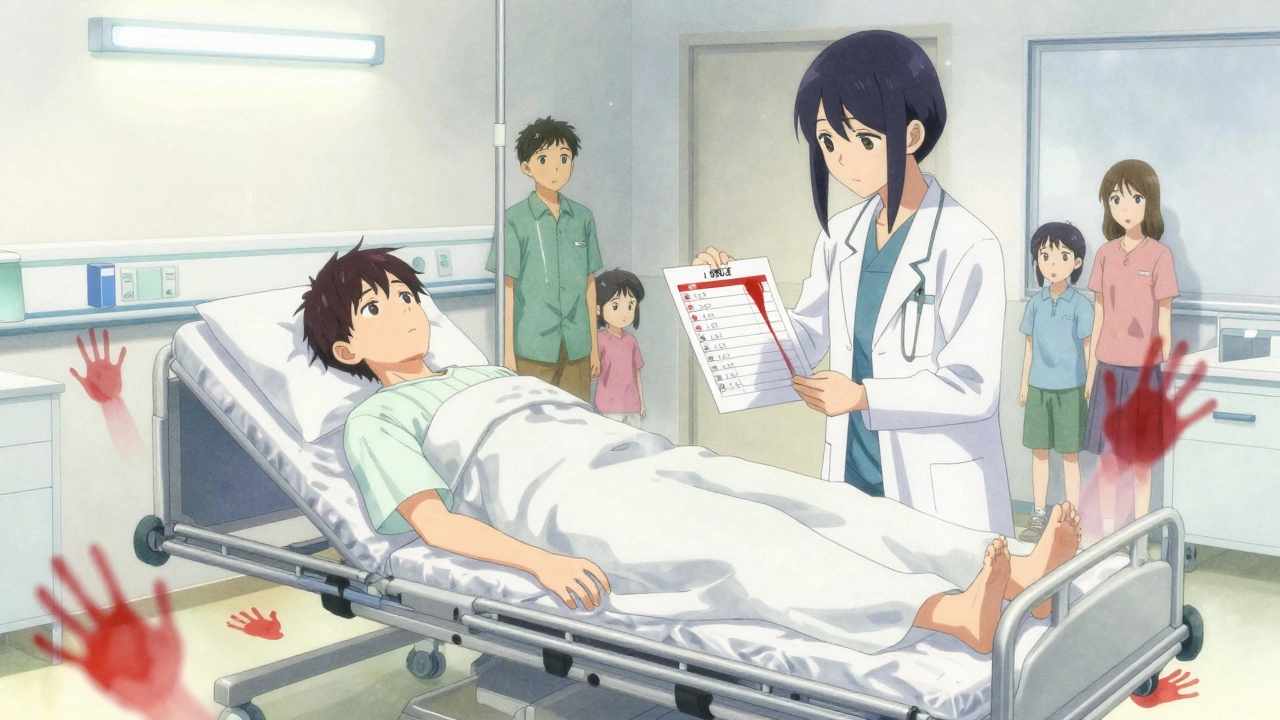 A patient in the ER lies pale on a gurney while ghostly red handprints mark the floor, symbolizing dangerous internal bleeding.