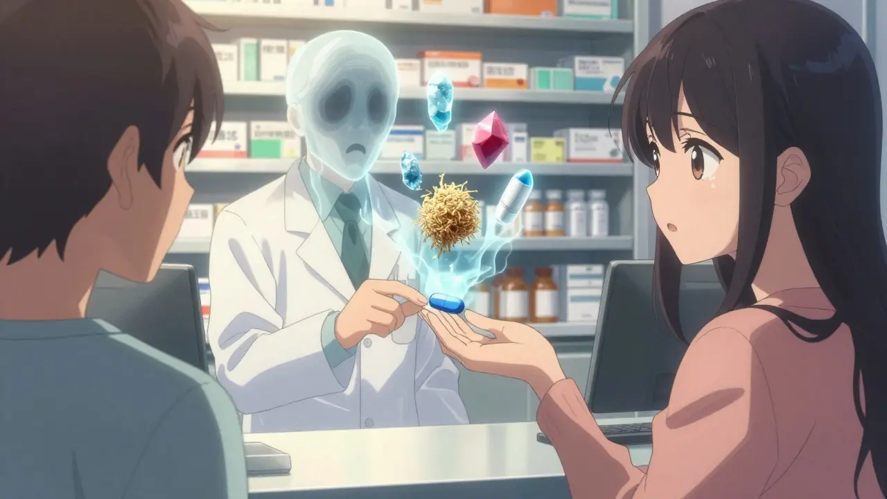 A pharmacist hands a generic pill while ghostly allergens like lactose and dye float above it in a pharmacy.