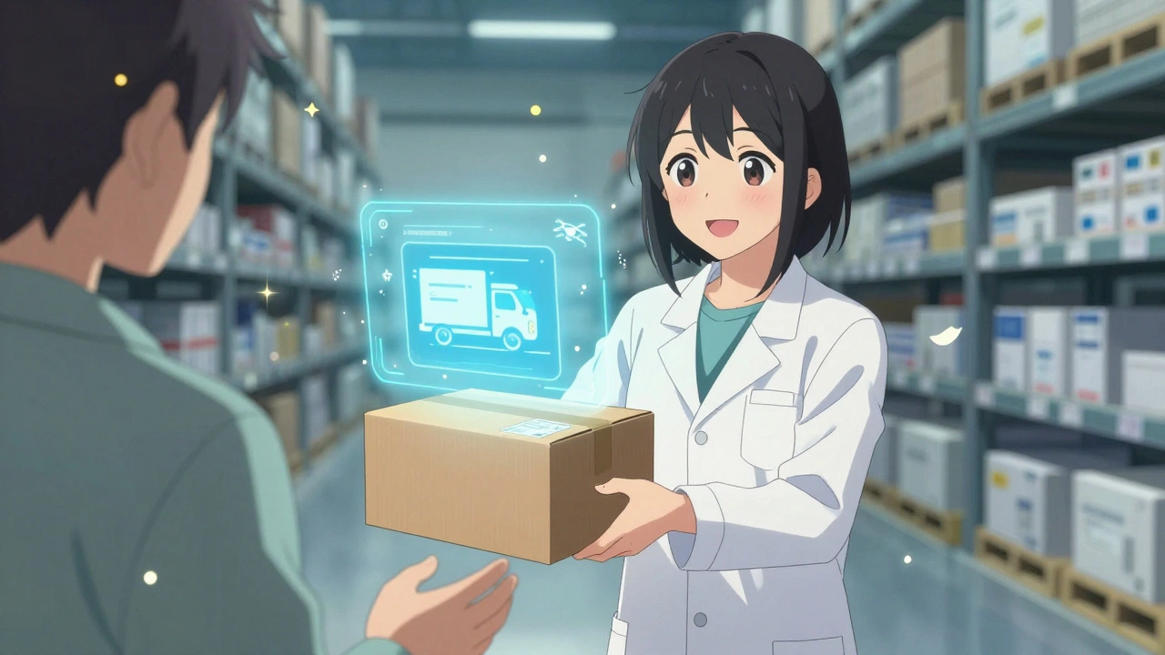 A pharmacist hands a patient a smart shipping box with real-time temperature tracking, in a glowing cool-toned warehouse.