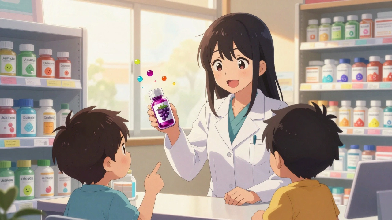 A pharmacist shows a child a grape-flavored medicine bottle with playful flavor icons in the background.