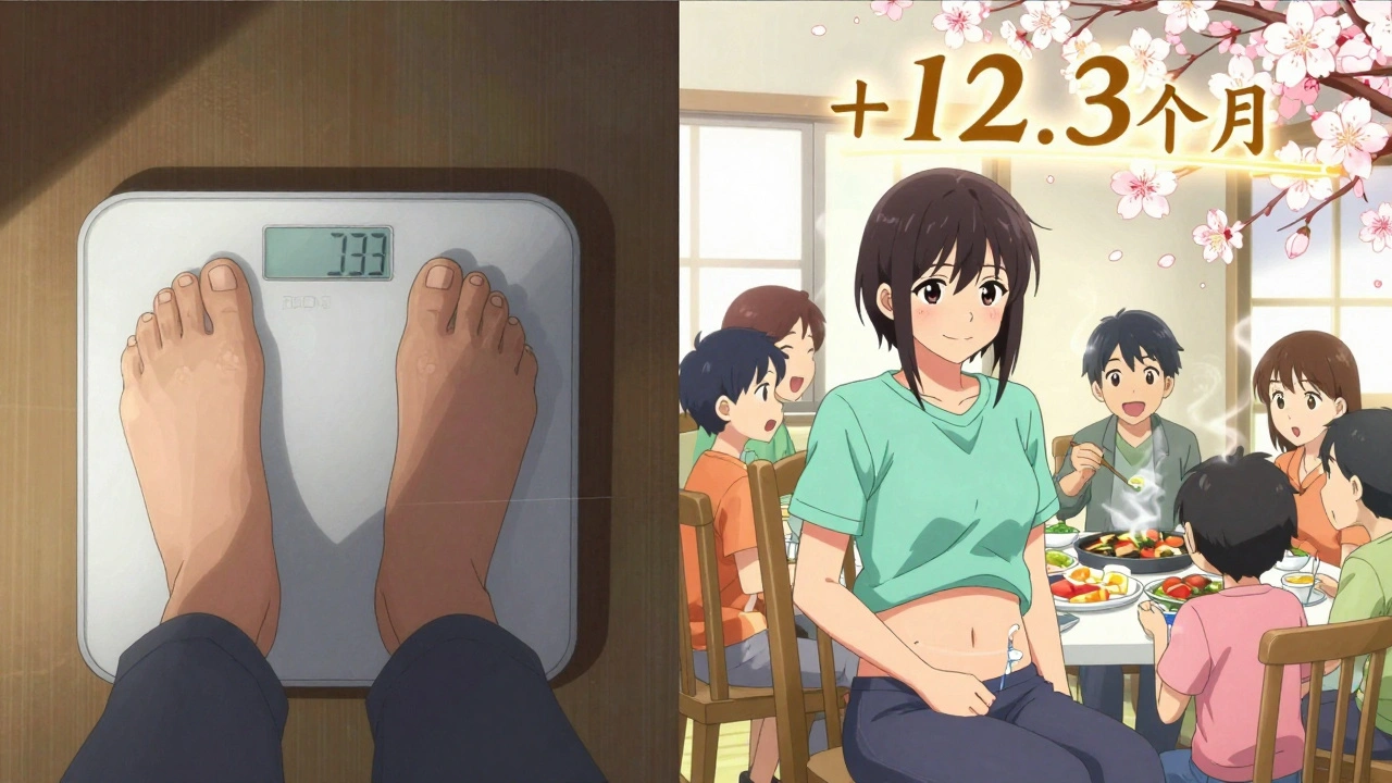 A split scene showing weight loss on one side and joyful mealtime with family on the other, symbolizing improved life expectancy.