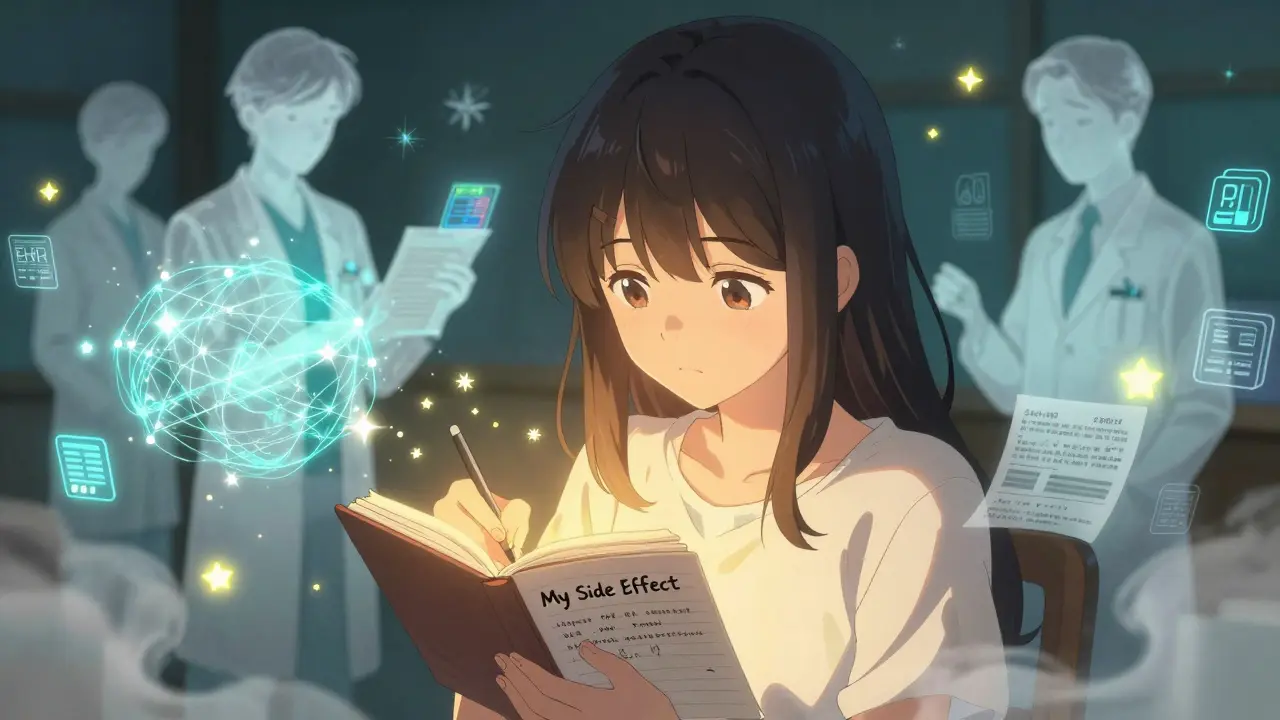 A teen writes about her side effect as ghostly doctors and AI analyze her report amid floating data stars.
