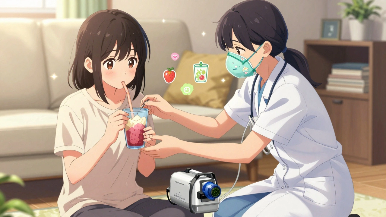 A therapist helping a patient adjust a portable ventilator while they sip a smoothie, sunlight and nutritional icons glowing nearby.