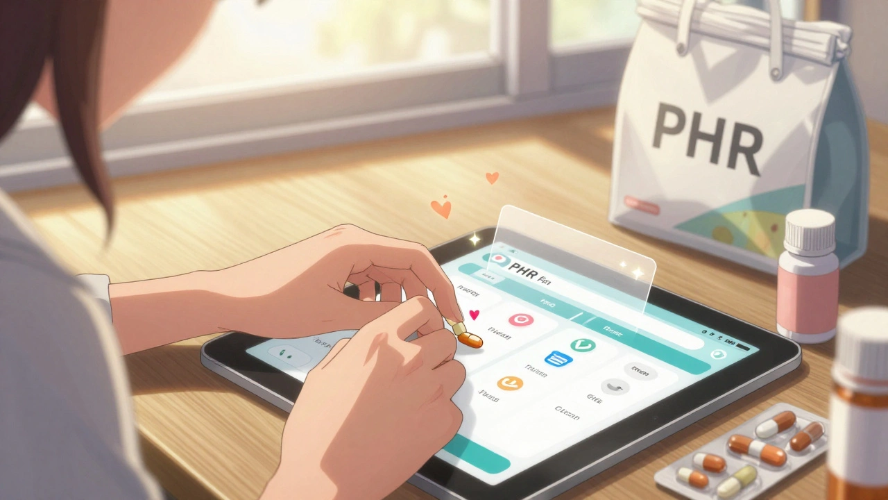 A woman carefully entering medications into a digital health app, with glowing checkmarks and pill labels beside her on a windowsill.