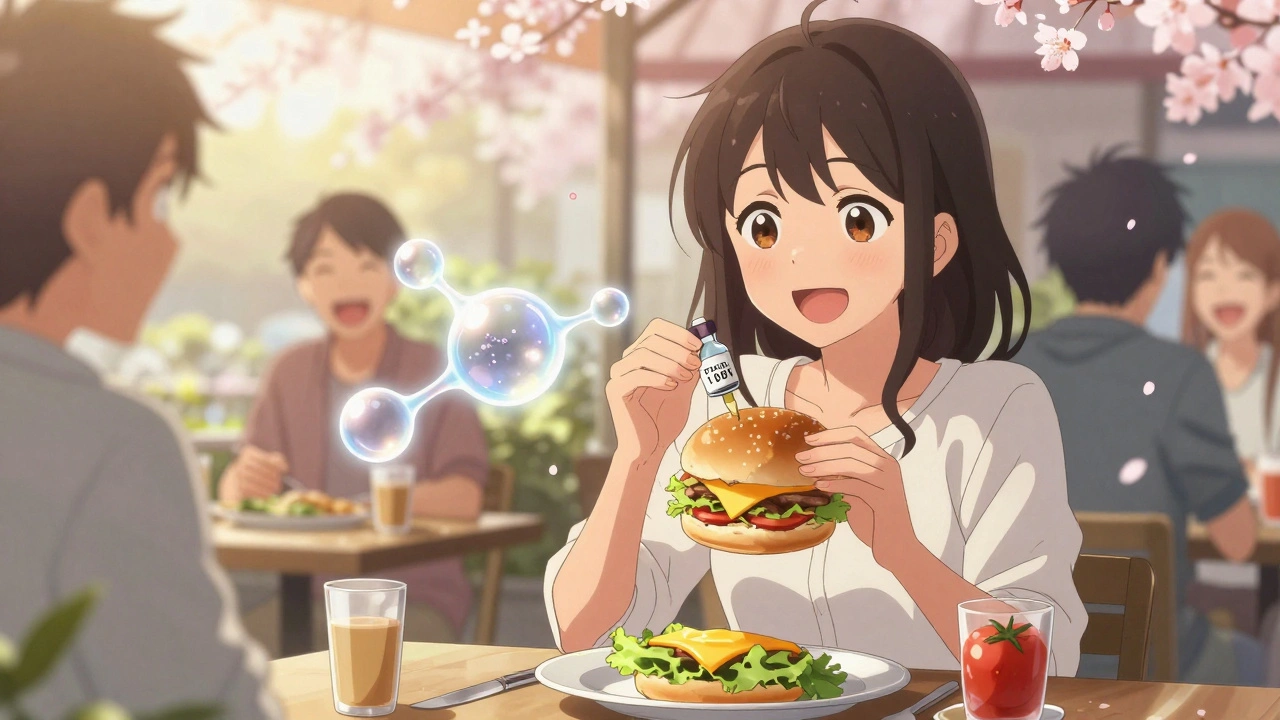 A woman eats a burger with cheese while holding a TYR-001 vial, glowing enzyme molecules dissolve tyramine in the air.