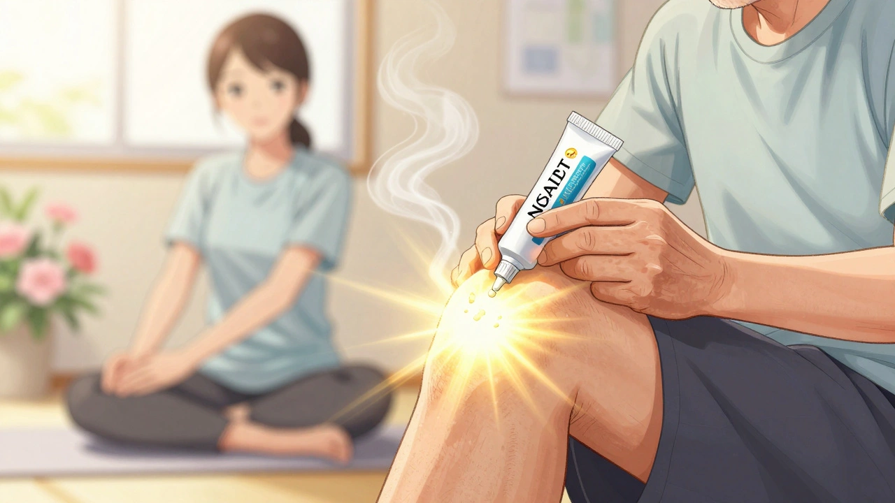 An elderly man using topical pain gel while stretching, with sunlight and blooming flowers nearby.