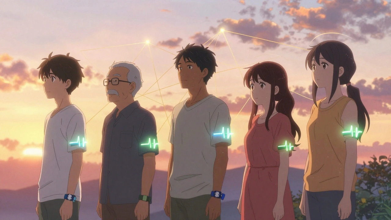 Diverse individuals wearing medical alert bracelets, connected by glowing threads under a sunset sky.