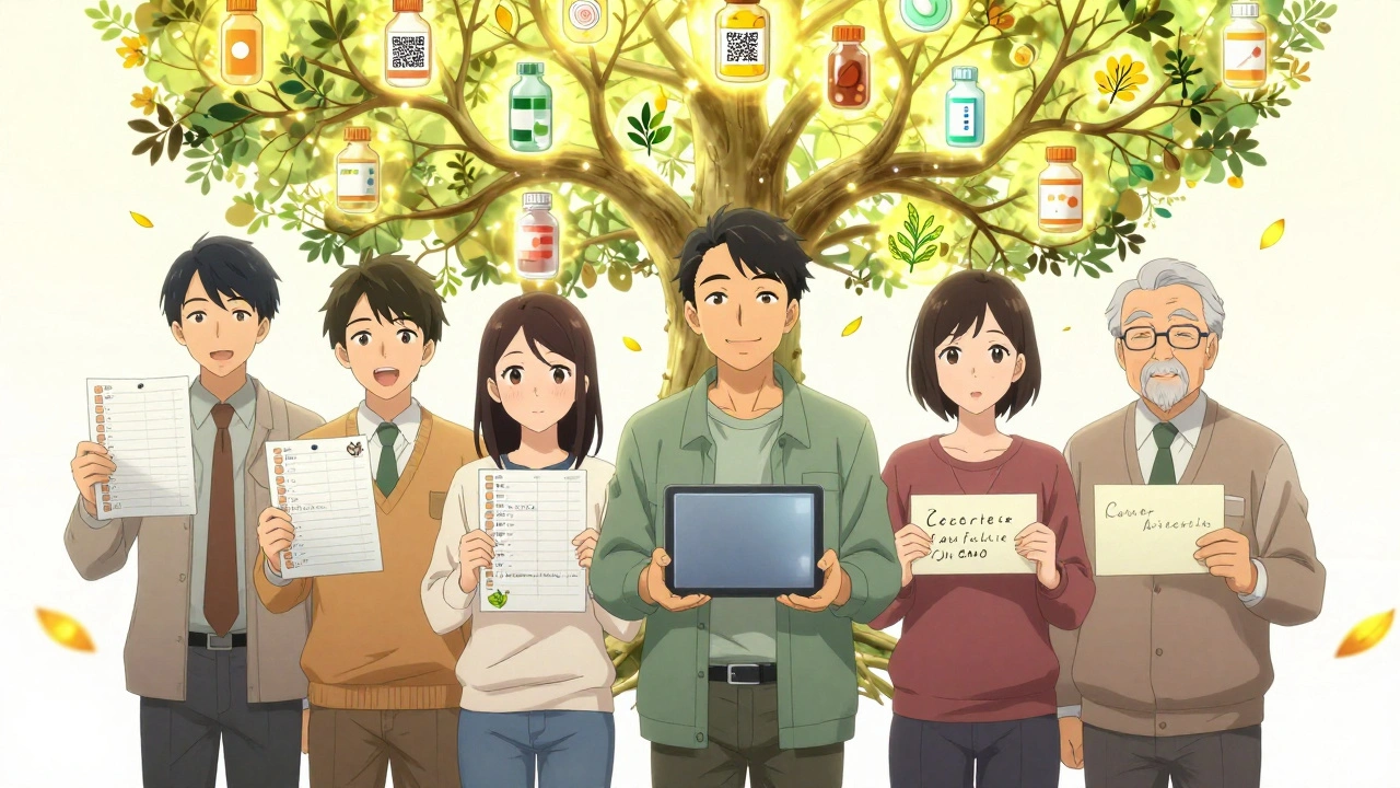 Diverse people hold medication lists under a glowing tree with pill roots and herb blossoms.