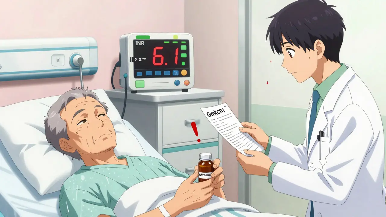 Elderly man in hospital with high INR reading and Ginkgo bottle on bedside.