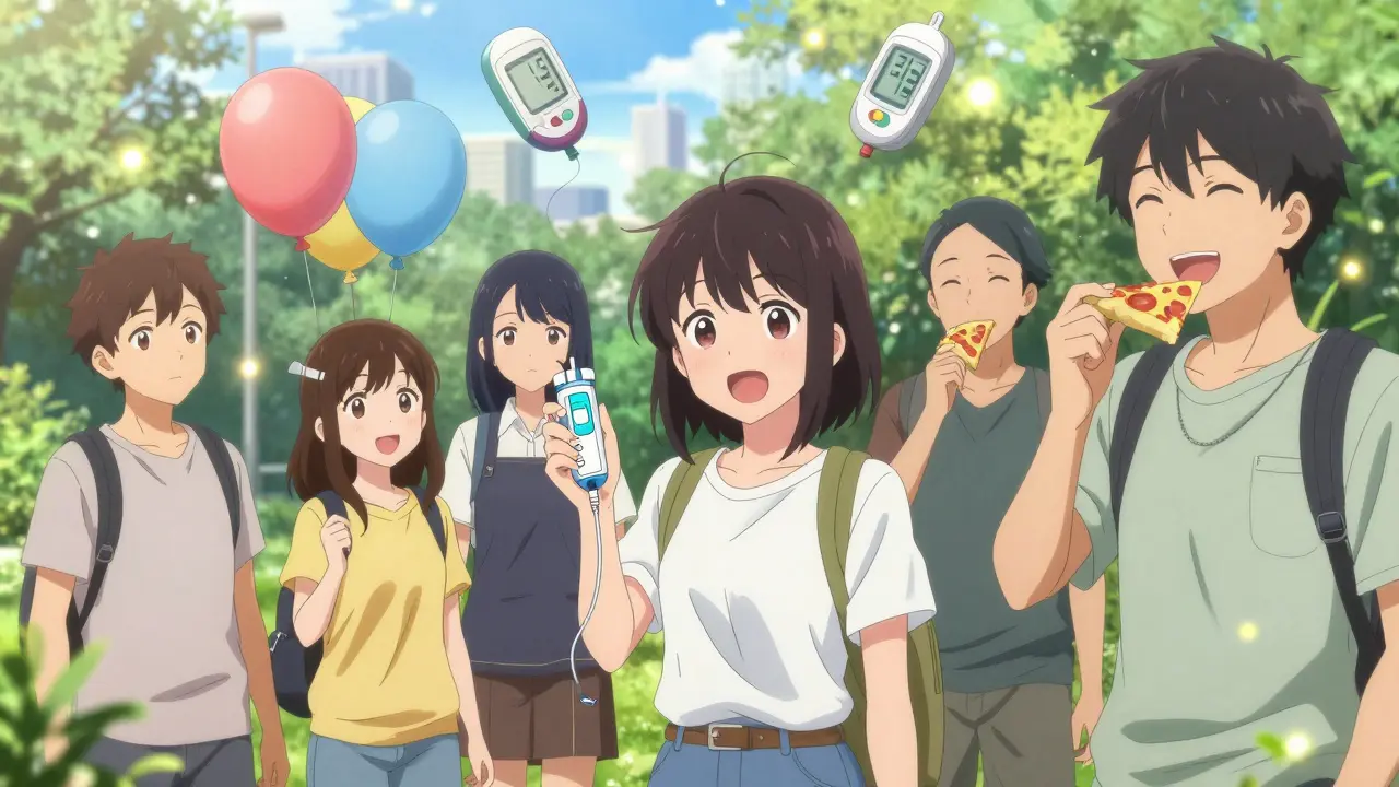 Group of people enjoying a park picnic with insulin pump and pizza, symbolizing diabetes freedom.