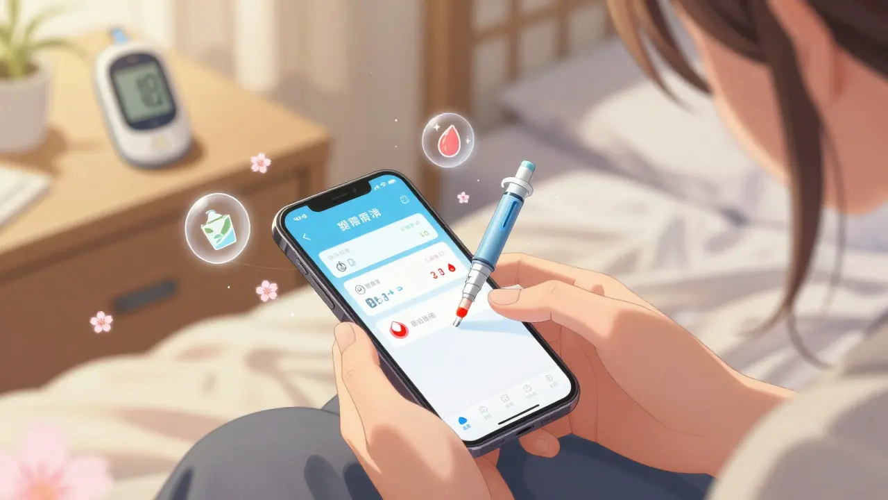 Hands calculating insulin dose on a phone with floating carb and insulin icons like cherry blossoms.